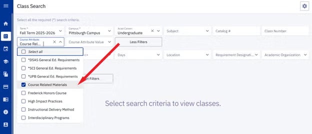 After filling in the information fields in the Class Search screen, Course Related Materials is an option under the Course Attribute dropdown.