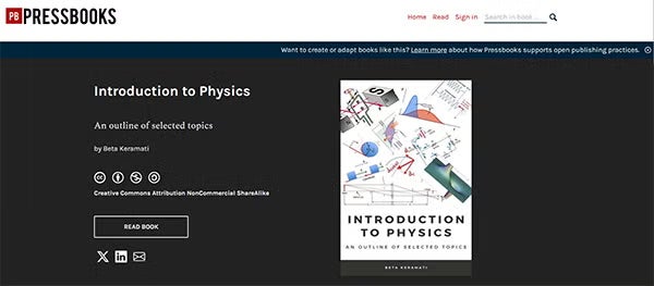 View of Introduction to Physics resource page on Pressbooks platform.
