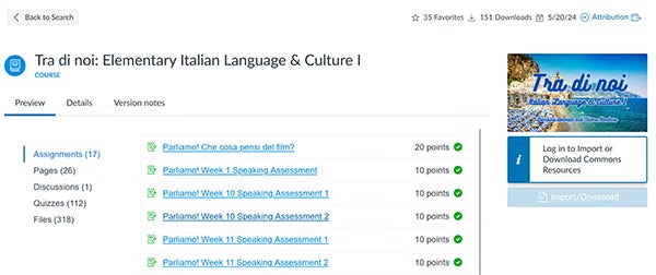 Preview page showing list of assignments for the Elementary Italian Language course on Instructur platform.