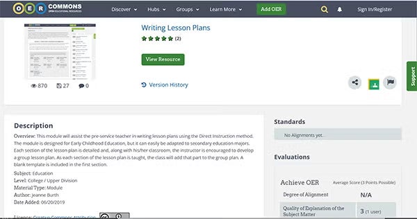 Screenshot of Writing Lesson plans resource page on OER Commons shows information like Description, Tags, Evaluations.