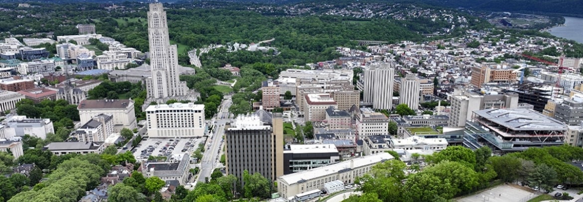 aerial drone view of campus in Oakland